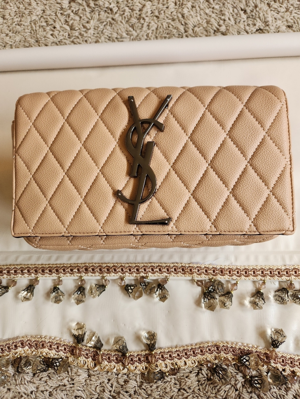 Saint Laurent Beige Quilted Leather Mini Wallet-On-Chain
